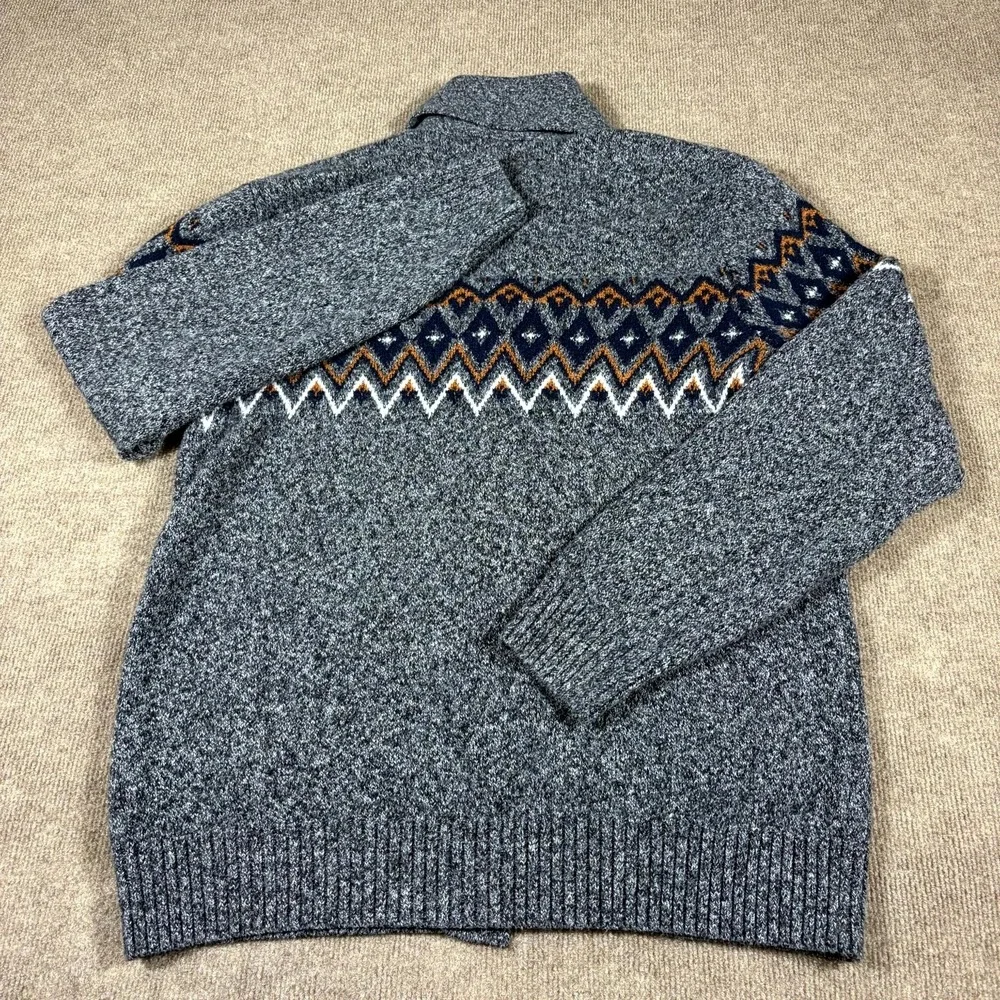 Old Navy Cardigan Sweater Mens Large Gray Fair Isle Shawl Collar Button Front